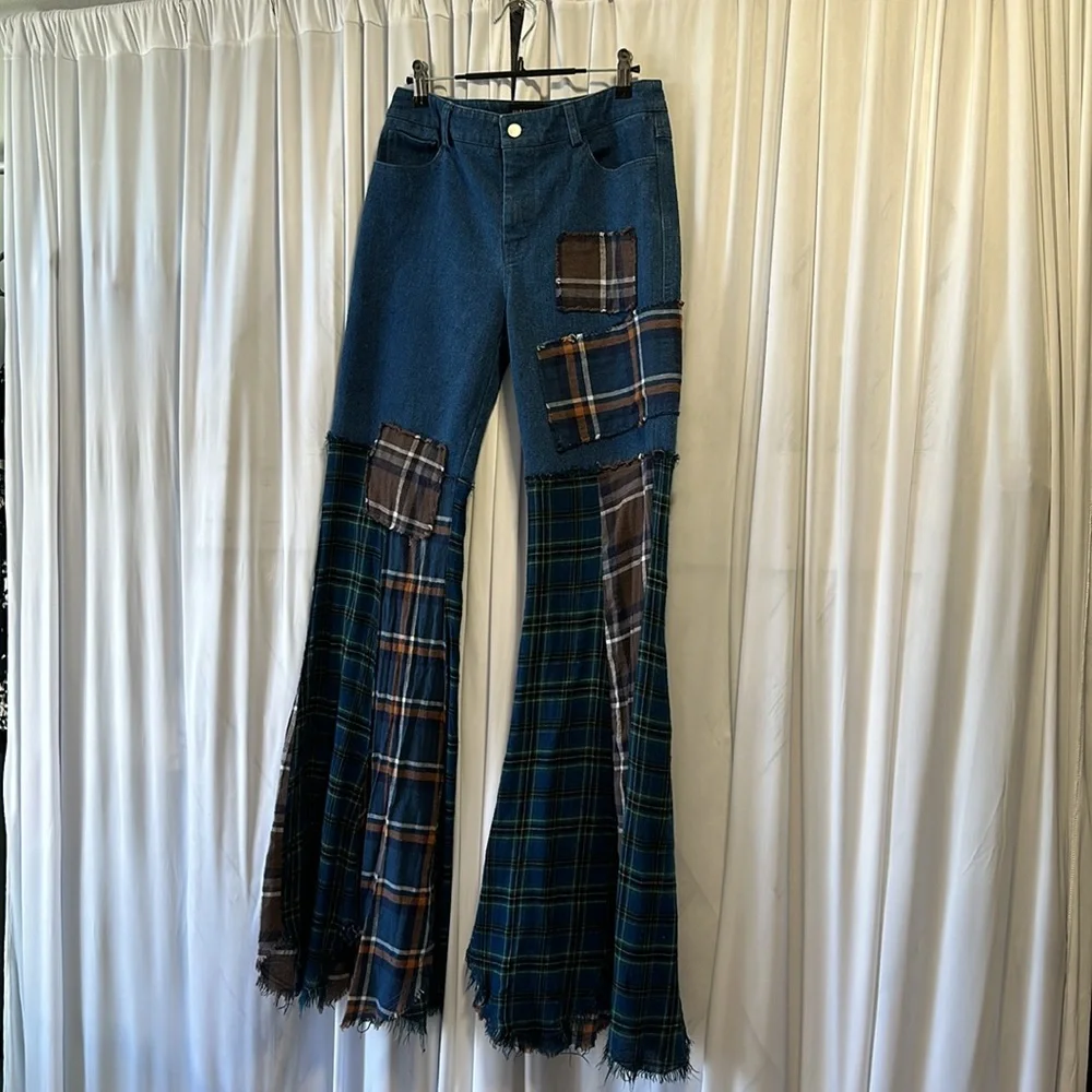 Dolls Kill Blue Plaid Patchwork Flare Pants - Picture 11 of 12